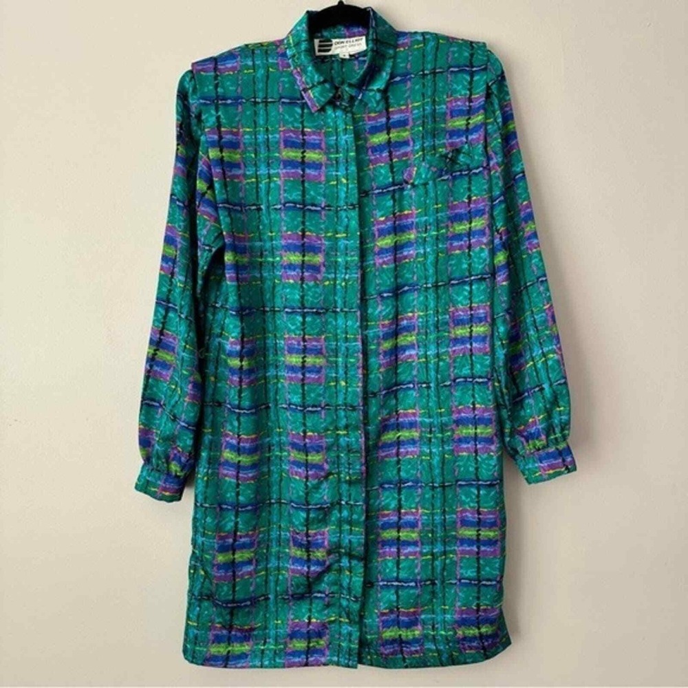 Don Elliot Vintage Size 8 Teal Plaid Long Sleeve Button Up Sport Dress 1980s
